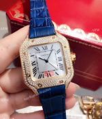 New Copy Cartier Santos 100 Diamond Watch Blue Leather Strap